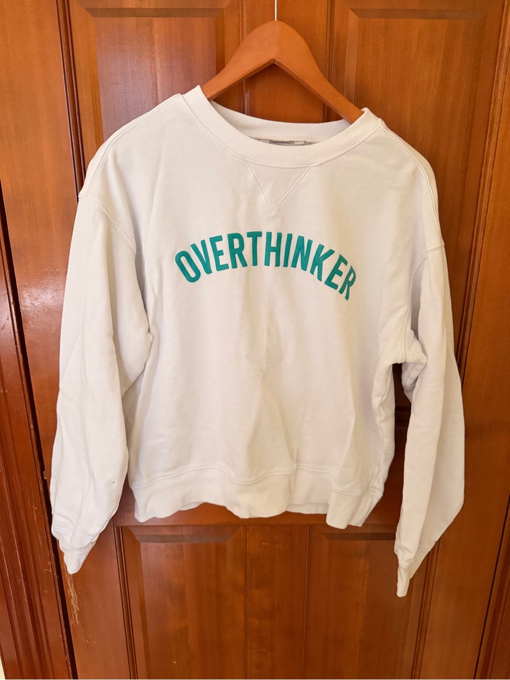 Wildfox White Crewneck Sweatshirt with Teal OVERTHINKER Graphic
